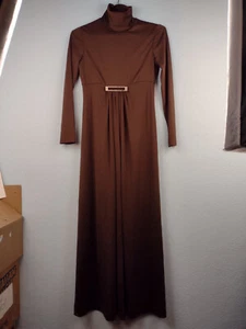 Vintage Elegant Brown Maxi Dress High Neck Rhinestones Buckle Size 8 - Picture 1 of 12