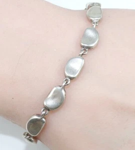 Vintage Zina Solid Sterling Silver Modernist Pebble Bean Link Bracelet 7.5" FZZ - Picture 1 of 5