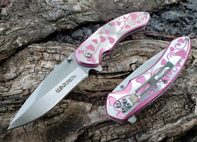 Pink Hearts Spring Assisted Pocket Knife EDC 3.3 oz Flipper Tab Ladies Love Gift - Image 1 of 4