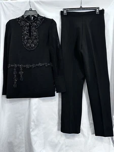 VINTAGE Pacific Boutique Black Wool Pantsuit Top/Beading Pull On Pants Size 8 - Picture 1 of 23