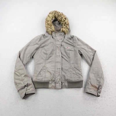 Chaqueta Hollister vintage para mujer gris medio ribete de piel sintética franela forrada abrigo Y2K Foto 1 de 4