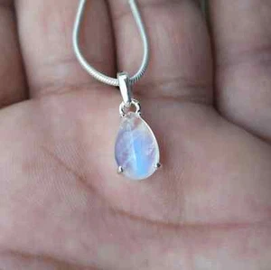 Natural Rainbow Moonstone Teardrop Pendant-June Birthstone-925 Sterling Silver - Picture 1 of 6