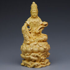 Collect China Box-wood Carve Buddhism Ruyi Lotus Flower Guanyin Ornament Statue