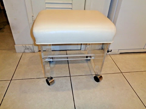 Vintage Lucite Vanity Bench/Chair With White Cushion on Wheels (19 by 17 by 15") Cover