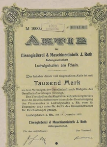 Eisen gießerei & Maschinenfabrik J. Roth Actie 1000 M, 1929 - Bild 1 von 1
