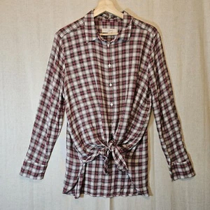 Loft Women's Lightweight Plaid Tie Front Button Up Long Sleeve Shirt Top Large - Picture 1 of 9