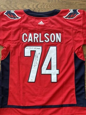 John Carlson Signed Washington Caps Jersey Insc “2018 Stanley Cup Champs” PSA  - Image 1 of 3