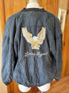 Harley Davidson 100% Silk Bomber Jacket Unisex Mens L Black Vtg RARE  Montage - Picture 1 of 6