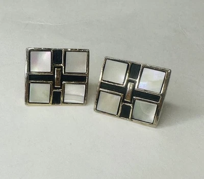 Gemelos cuadrados de plata vintage de madreperla a cuadros Foto 1 de 4