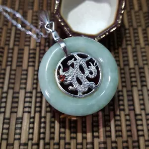 925 Sterling Silver Necklace, Dragon Pendant, Genuine Green Jade Circle Pendant - Picture 1 of 8