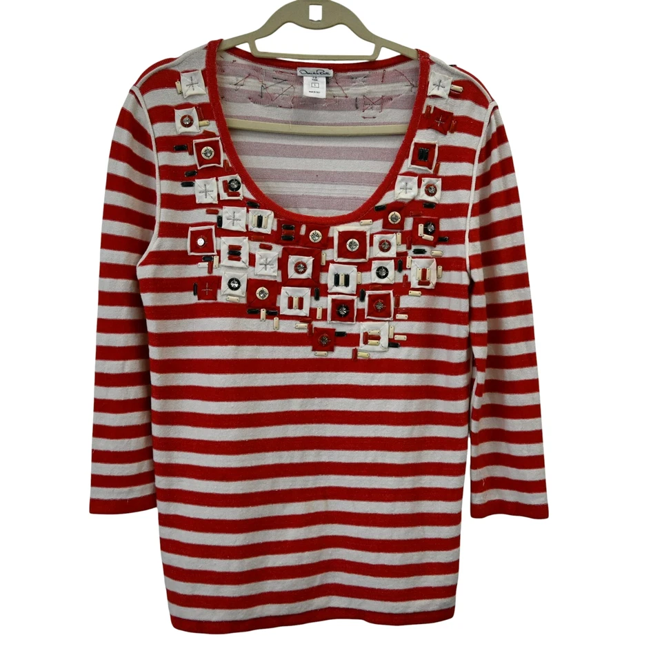 Suéter Oscar de la Renta Grande Rojo Marfil Rayas Adornado Resort '08 Foto 1 de 4
