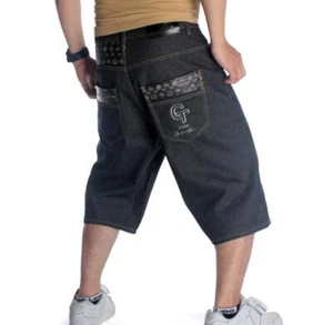 Men's Straight Leg Loose Fit Black Denim Cotton Breathable Summer Punk Shorts - Picture 1 of 6