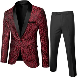 Men's Groom Suit 2PCS Blazer Jacket Pants One Button Slim Fit Floral Wedding L - Picture 1 of 15