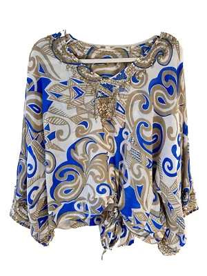 Blusa grande 100% seda manga dolmain amarrar frente paisley floral bronzeado frisado - Imagem 1 de 4