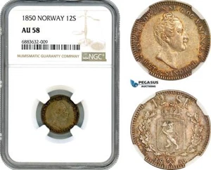 AJ618, Norway, Oscar I, 12 Skilling 1850, Kongsberg Mint, Silver, NGC AU58 - Picture 1 of 1