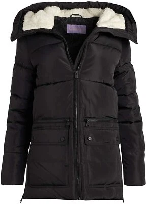 Madden Girl Juniors' X1903 Fleece-Lined Hooded Black Puffer Coat Size Medium - Image 1 of 2