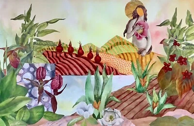 Cosecha acuarela pintura collage paisaje naturaleza agricultura viñedo Foto 1 de 4