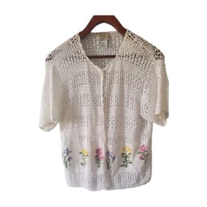 Teddi Vintage Crocheted Open Lightweight Cropped Floral Crosstitched Cardigan - Picture 1 of 6