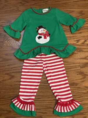 Toddler Girls Size 4T RARE EDITIONS Snowman Christmas Outfit Green/Red - Image 1 of 4