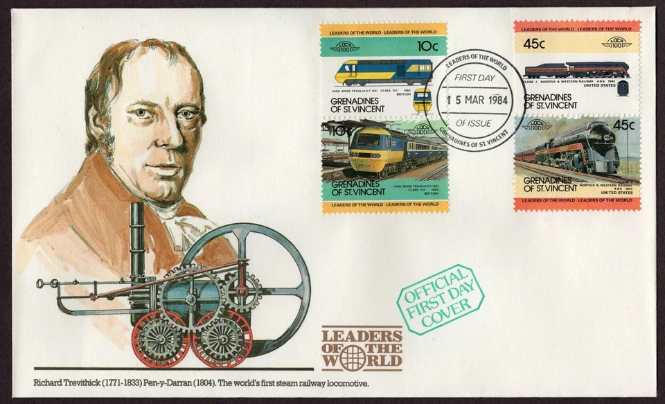 ST. VINCENT GRENADINES # 299 & 313, FDC COVER - LEADERS OF THE WORLD LOCOMOTIVES - Image 1 of 1