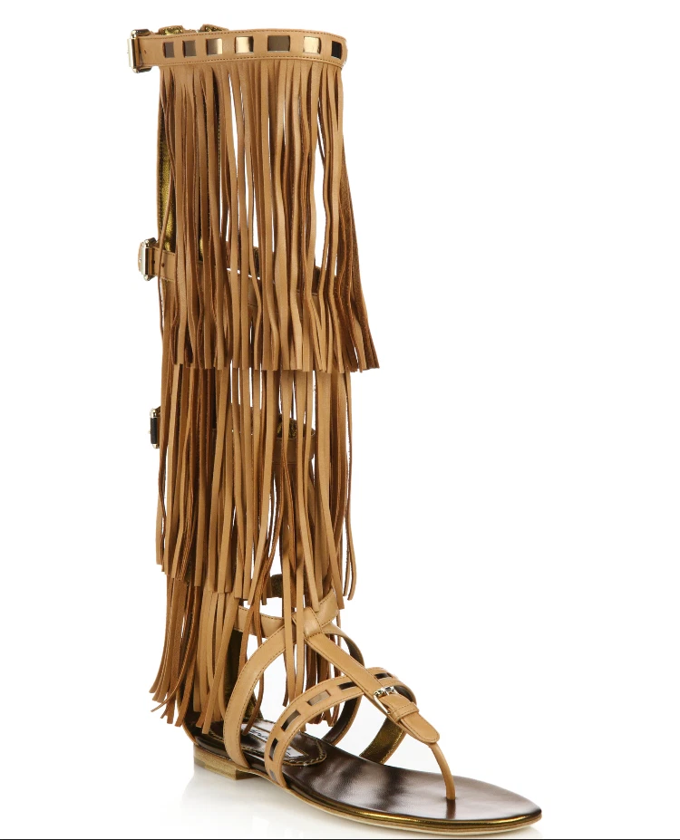 37.5/7.5❤️$1250 BRIAN ATWOOD MADE ITALY TAN LEATHER KNEE HIGH GLADIATOR SANDALS - Image 1 of 4