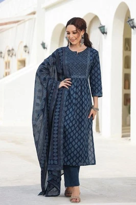 Beautiful Cotton Anarkali Ethic Kurta Set For Indian Womenwear - Image 1 of 2