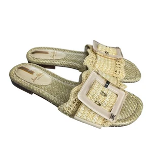 Sam Edelman Bambi Sandals Womens Sz 6M Raffia Linen Beige Slide Buckle Flat Shoe - Picture 1 of 7
