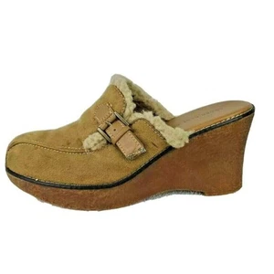Lower East Side Womens Mules Wedge Heel Shoes Tan Faux Fur Trim Slip On Buckle 8 - Picture 1 of 10