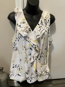 WHBM White House Black Market Sleeveless Blouse Ivory Floral Size Large - Picture 1 of 7