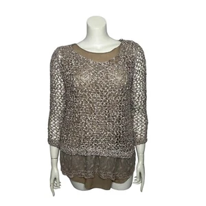 John Fashion Sweater Women's XL Brown Chiffon Uderlayers Open Knit Boho NEW - Picture 1 of 21