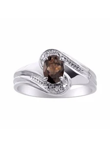 Rylos 14k White Gold Ring Smoky Quartz & Diamond 7X5MM Gemstone Birthstone - Picture 1 of 3