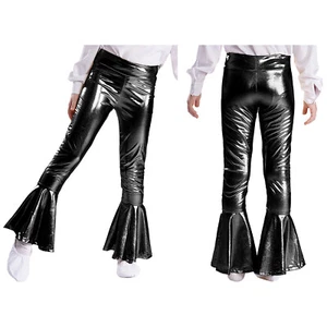Kids Girls Shiny Flared Bell Bottom Pants Jazz Dance Trousers Dancewear - Picture 1 of 33