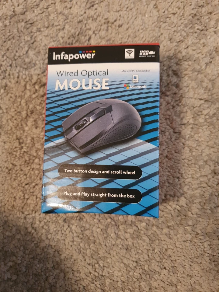 Infapower X202 Black Wired Optical Mouse Two Buttons Scroll Wheel Laptop PC/Mac - Image 1 of 1