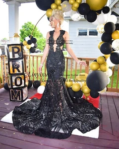 Vestidos de noche de cumpleaños de diamante de cristal de lujo con lentejuelas de encaje sirena - Imagen 1 de 3