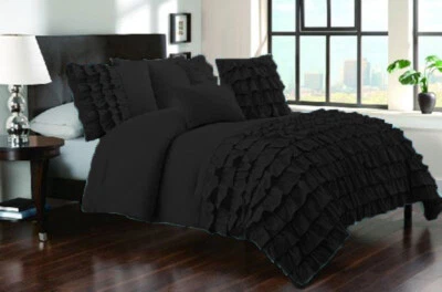 New Waterfall Half Ruffle Duvet Cover set 1000TC 100%Egyptian Cotton Black King - Image 1 of 2
