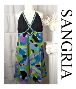 Sangria Vintage Y2K 100 % Seide mehrfarbig Chiffon Babydoll Neckholder Kleid Größe 16W - Bild 1 von 9