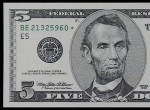 $5 1999 GEM CU Star Federal Reserve Note BE21325960* five dollar, Richmond E5 - Picture 1 of 3