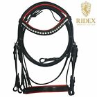 Weymouth double Leather Reins Horse Bridle With Red Padding & White Crystals.