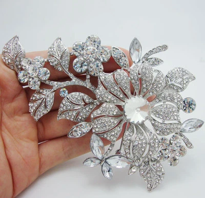 Clear Bride Flower Leaf Bridesmaid Brooch Pin Rhinestone Crystal Wedding - Image 1 of 4