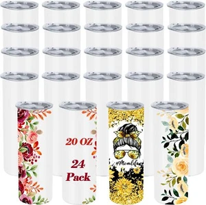 24Pcs Sublimation Blanks 20oz Sublimation Tumblers Cup Skinny Straight DIY Gift - Picture 1 of 20