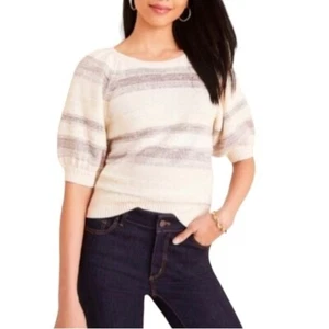 Ann Taylor Sweater Womens Petite Small Top Striped Short Sleeve Beige Grey - Picture 1 of 8