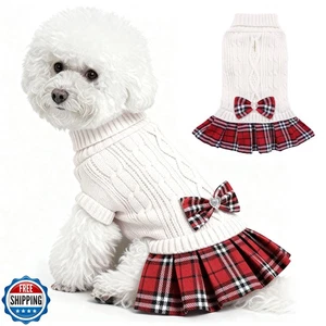 WOYYHO Girl Dog Sweater Dress with Bowtie Turtleneck Small Dogs Sweater with  - Picture 1 of 5