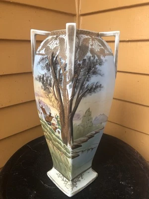 Nippon Imperial Hand painted Gold Encrusted  4 Handle Vase - ￼13.5” - landscape - Image 1 of 4