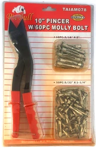 10" Pincer w/60 Pc Anchor Molly Bolt Set - Cheville 3/16" x 2" & 5/32" x 1-1/4" - Picture 1 of 7