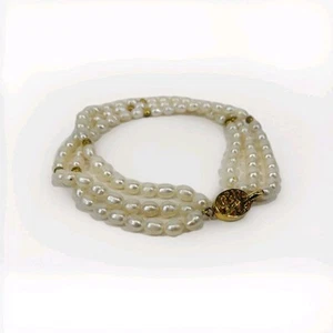 VTG FRESHWATER PEARL TRIPLE STRAND GOLDTONE BRACELET 7.5” BOX CLASP Japanese  - Picture 1 of 6