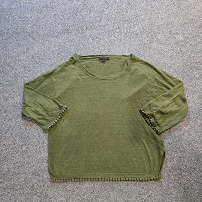 Top J Crew para mujer talla mediana verde lino pompones manga elástico informal clásico Foto 1 de 4