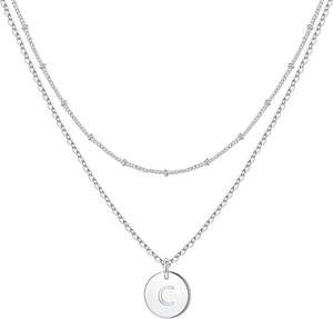 Initial C Necklace Silver 2 x Layered Necklaces Coin Engraved Nickle Lead FREE - Picture 1 of 7