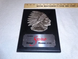 VINTAGE ANTIQUE ORIGINAL SAVAGE ARMS DEALER: STEVENS FOX! +INDIAN 12" METAL SIGN - Picture 1 of 24