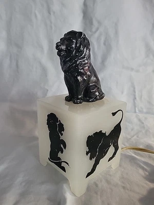 Antique 30s ART DECO Lion Milk Glass Block Cube LAMP White Black - Image 1 of 4