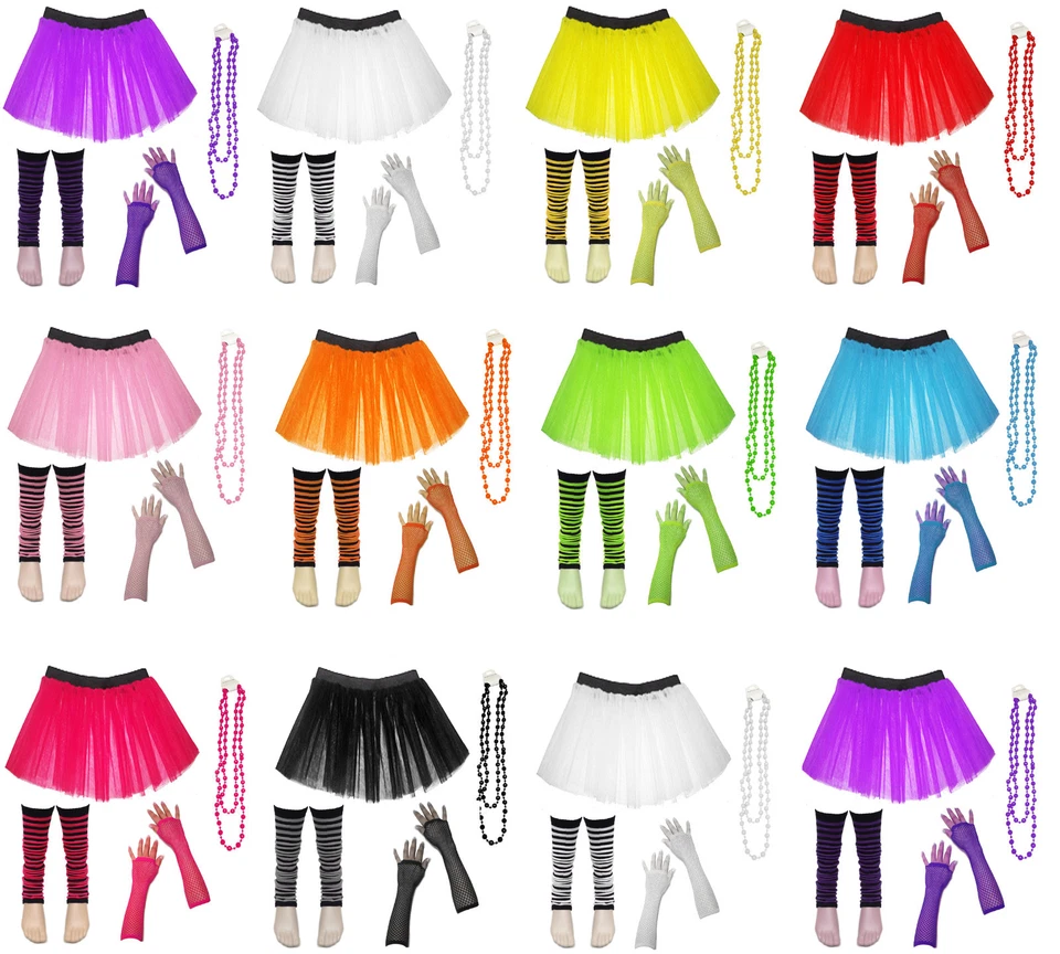Kids Tutu Skir Neon UV Gloves Striped Leg Warmers Fancy Dress Party Costume Set - Image 1 of 1
